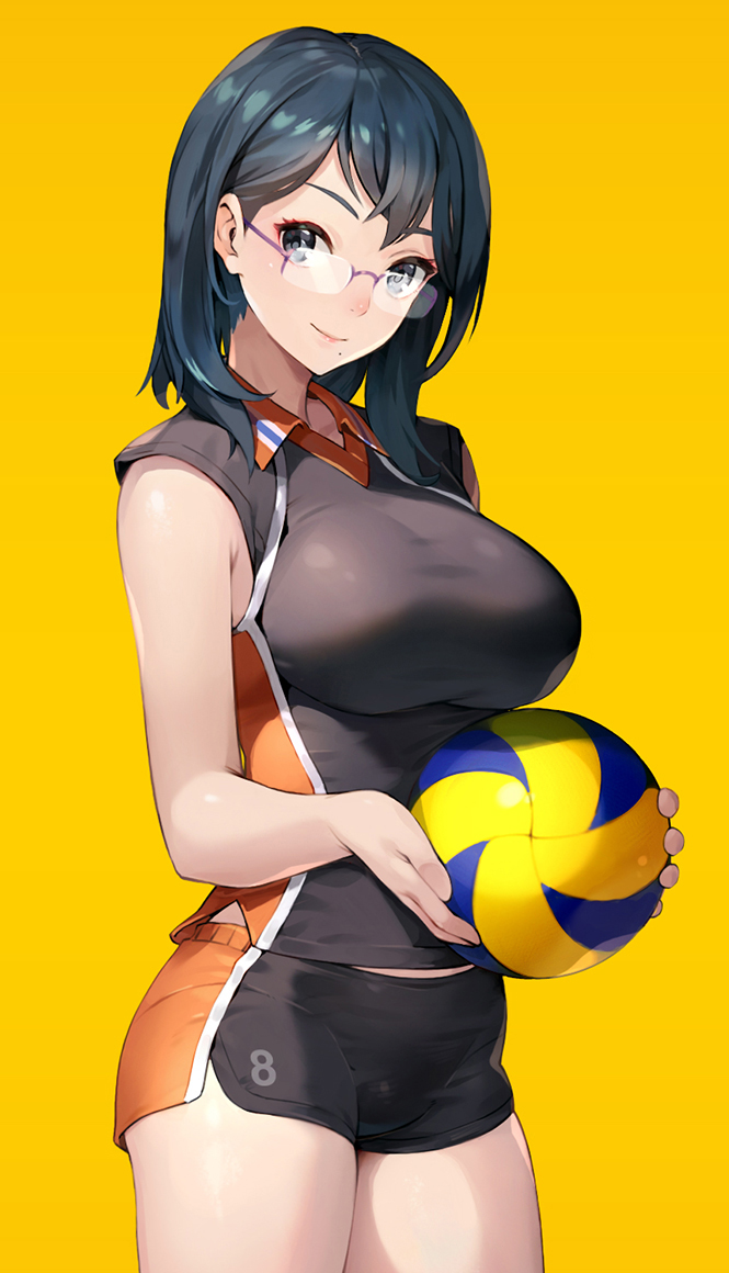 1girl ball bangs black_eyes black_hair breasts closed_mouth commentary coon cowboy_shot dolphin_shorts glasses haikyuu!! holding holding_ball looking_at_viewer medium_breasts mole mole_under_mouth rimless_eyewear shimizu_kiyoko shirt shorts smile solo sportswear standing volleyball volleyball_uniform yellow_background