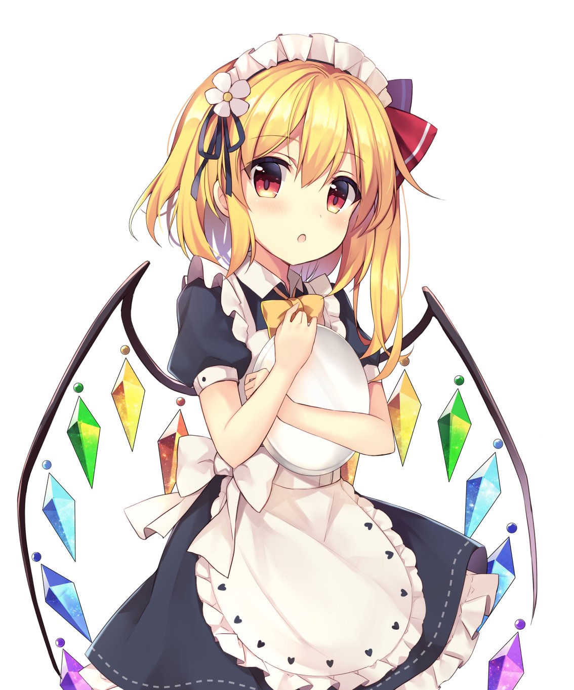 1girl :d alternate_costume apron bangs blonde_hair blush bow bowtie commentary_request crystal dress enmaided eyebrows_visible_through_hair eyelashes flandre_scarlet flower frilled_apron frilled_dress frills hair_bow hair_flower hair_ornament heart heart_print highres holding holding_tray looking_at_viewer maid maid_apron maid_headdress multicolored_wings one_side_up open_mouth puffy_short_sleeves puffy_sleeves rainbow_order red_bow ruhika shiny shiny_hair short_hair short_sleeves side_ponytail sidelocks simple_background smile solo standing touhou tray upper_body waist_apron white_apron white_background wings wrist_cuffs yellow_bow yellow_bowtie yellow_neckwear
