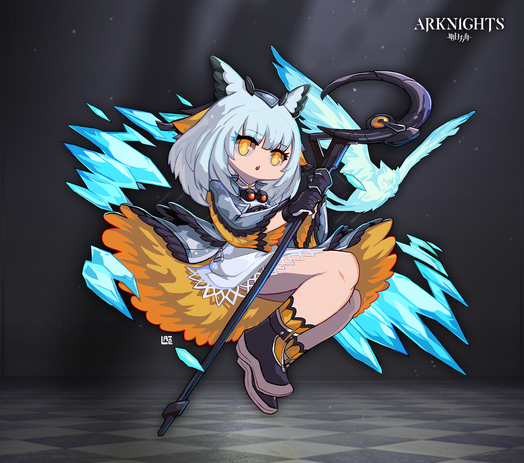 1girl :o animal_ears arknights bangs black_footwear blue_dress blue_hair blue_jacket dress full_body holding holding_staff jacket lataedelan long_sleeves looking_at_viewer medium_hair open_mouth orange_eyes orange_legwear owl_girl ptilopsis_(arknights) shoes solo staff