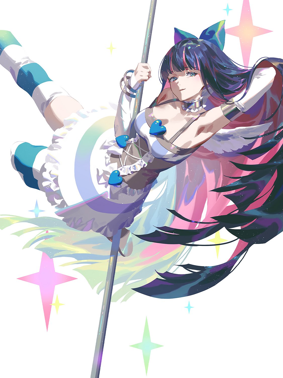1girl armpits bangs bare_shoulders blue_eyes blue_hair bow bracelet breasts bridal_gauntlets colored_inner_hair corset dancing detached_sleeves dress fajyobore hair_bow heart highres jewelry long_hair looking_at_viewer medium_breasts multicolored_hair panty_&amp;_stocking_with_garterbelt pole pole_dancing purple_hair skirt sleeveless smile solo star_(symbol) stocking_(psg) striped striped_legwear stuffed_animal stuffed_cat stuffed_toy thigh-highs two-tone_hair very_long_hair white_skirt