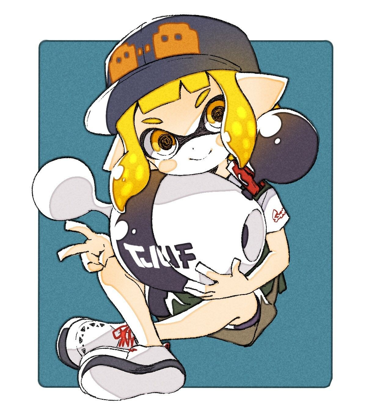 1girl black_headwear blonde_hair blue_background border closed_mouth comamawa full_body grey_shorts gun hat head_tilt highres holding holding_gun holding_weapon hug inkling looking_at_viewer pointy_ears shirt shoes short_hair short_sleeves shorts simple_background sitting smile splatoon_(series) splatoon_2 v weapon white_border white_footwear white_shirt yellow_eyes