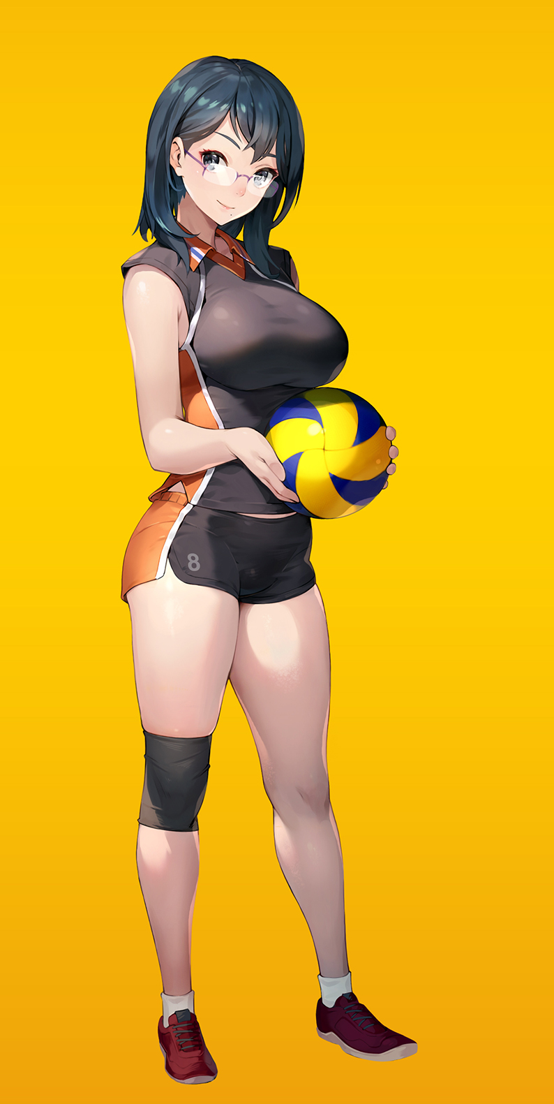 1girl ball bangs black_eyes black_hair breasts closed_mouth coon dolphin_shorts full_body glasses haikyuu!! highres holding holding_ball knee_pads looking_at_viewer medium_breasts mole mole_under_mouth red_footwear rimless_eyewear shimizu_kiyoko shirt shorts single_knee_pad smile solo sportswear standing volleyball volleyball_uniform yellow_background