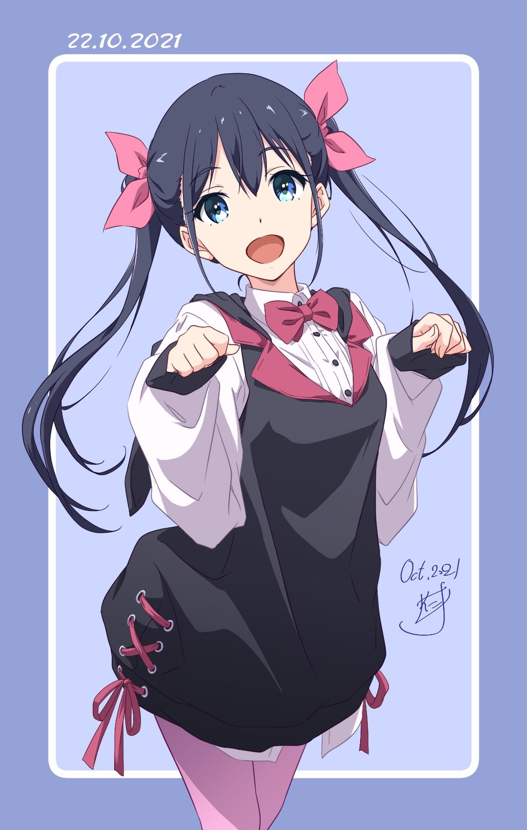 1girl :d bangs black_dress black_hair blue_eyes bow bowtie dated dress hair_bow hands_up highres long_hair long_sleeves looking_at_viewer nii_manabu open_mouth original pink_bow pink_neckwear purple_background shirt signature simple_background sleeveless sleeveless_dress smile solo standing twintails white_shirt