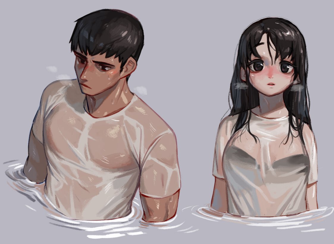 1boy 1girl blush breasts breath commentary_request large_breasts long_hair long_sideburns original partially_submerged pectorals rinotuna see-through shirt short_hair sideburns toned toned_male wet wet_clothes wet_hair wet_shirt white_shirt