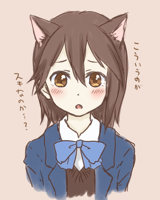 1girl :&lt; animal_ear_fluff animal_ears bangs blazer blue_bow blue_bowtie blush bow bowtie brown_background brown_eyes brown_hair cat_ears commentary cropped_torso embarrassed extra_ears fang inaba_himeko jacket kemonomimi_mode kokoro_connect kuroeri_(primelo) looking_at_viewer open_mouth raised_eyebrows school_uniform simple_background solo translated upper_body worried