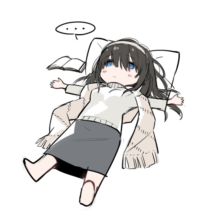 ... 1girl blue_eyes blush book empty_eyes expressionless fpanda full_body hairband idolmaster idolmaster_cinderella_girls invisible_floor looking_afar lying on_back outstretched_arms outstretched_legs pillow sagisawa_fumika shawl simple_background solo speech_bubble sweater white_background white_sweater