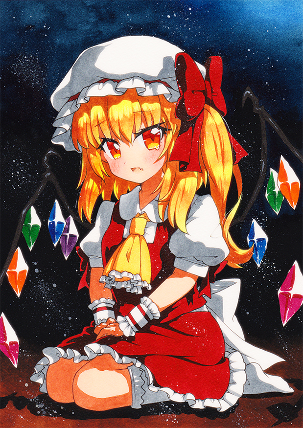 1girl ascot back_bow blonde_hair bow collared_shirt crystal dark_background eyebrows_visible_through_hair fang flandre_scarlet frilled_ascot frilled_skirt frills full_body hair_between_eyes hair_bow hat kneehighs long_hair looking_at_viewer mob_cap no_shoes on_floor open_mouth orange_eyes puffy_short_sleeves puffy_sleeves qqqrinkappp rainbow_order red_bow red_skirt red_vest seiza shirt short_sleeves side_ponytail sitting skin_fang skirt skirt_set solo touhou traditional_media vest white_bow white_legwear white_shirt wings wrist_cuffs yellow_ascot