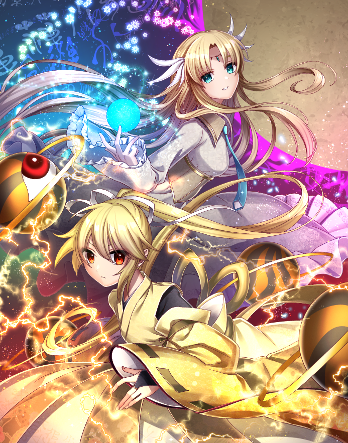 2girls bangs black_bodysuit blonde_hair blue_neckwear bodysuit breasts bridal_gauntlets collared_dress commentary_request detached_sleeves electricity energy_ball fingernails floating floating_hair floating_object forehead_jewel frilled_sleeves frills gold_trim hair_between_eyes japanese_clothes kikuri_(touhou) kimono large_breasts light_particles long_hair looking_at_viewer multiple_girls necktie parted_bangs ponytail red_eyes ribbon-trimmed_sleeves ribbon_trim sea_scorpion_(umisasori) serious sidelocks tiara touhou touhou_(pc-98) wide_sleeves wing_collar yellow_kimono yuugenmagan