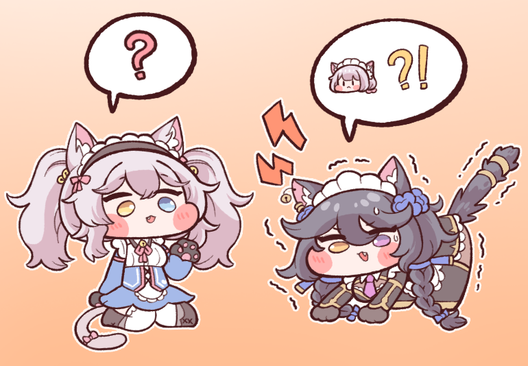 !? 2girls :3 ? alternate_costume alternate_hairstyle animal_ear_fluff animal_ears black_hair blue_dress blue_eyes bulga cat_ears cat_girl cat_tail chibi dress fang hair_between_eyes hairband heterochromia last_origin lolita_hairband maid_headdress multiple_girls perrault_(last_origin) poi_(last_origin) silver_hair spoken_character spoken_question_mark tail trembling twintails violet_eyes yellow_eyes