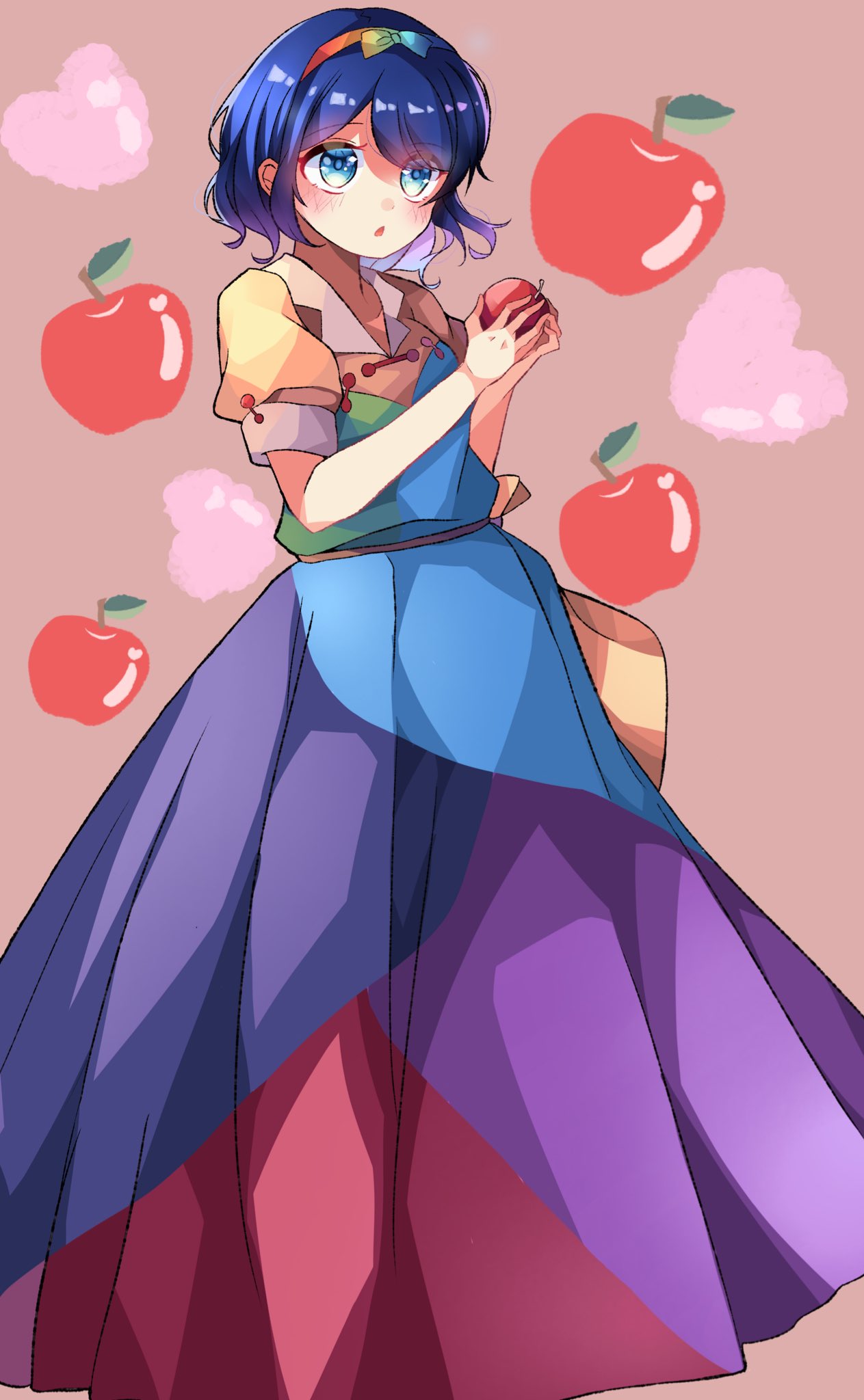 1girl apple blue_eyes blue_hair collared_dress cropped dress food fruit highres holding long_dress meimei_(meimei89008309) multicolored_clothes multicolored_dress multicolored_hairband open_mouth orange_background patchwork_clothes solo tenkyuu_chimata touhou