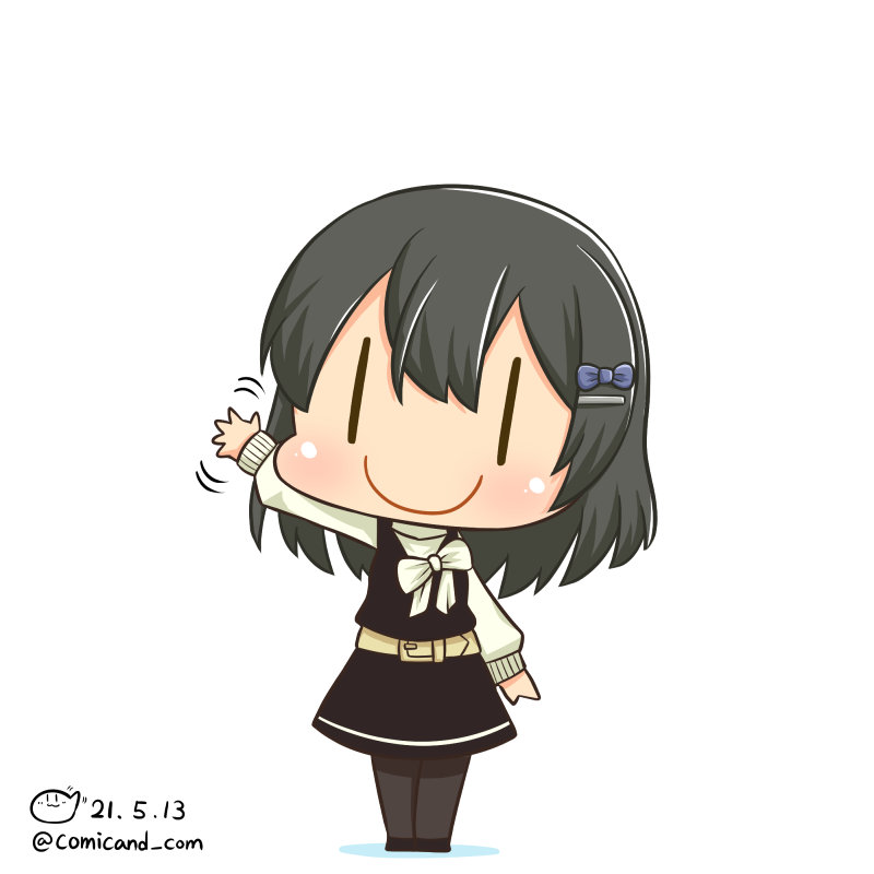 1girl artist_logo belt black_dress black_hair black_legwear blue_bow blush bow bowtie chibi closed_mouth commentary_request dated dress hair_bow hair_ornament hairclip kantai_collection long_hair long_sleeves mitsukoshi_(department_store) official_alternate_costume one-hour_drawing_challenge oyashio_(kancolle) pantyhose shadow shiromaru_(maniado) shirt simple_background sleeveless sleeveless_dress smile solo twitter_username waving white_background white_bow white_bowtie white_shirt |_|