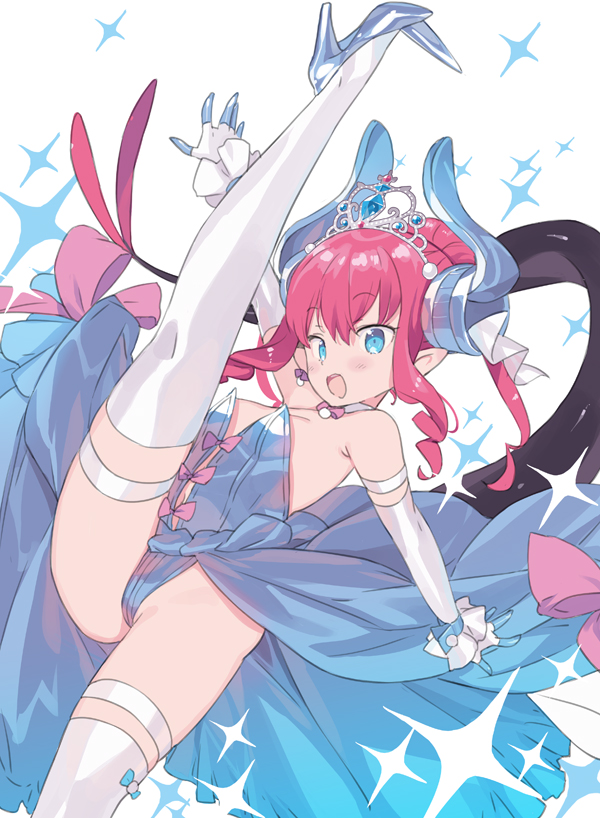 1girl :d bare_shoulders blade_(galaxist) blue_dress blue_footwear blue_leotard bow breasts dress elbow_gloves elizabeth_bathory_(cinderella_rider)_(fate) elizabeth_bathory_(fate) fate/grand_order fate_(series) gloves high_heels horns leotard looking_at_viewer pink_bow pink_hair shoes small_breasts smile solo split standing standing_on_one_leg standing_split strapless strapless_leotard thigh-highs white_gloves white_legwear