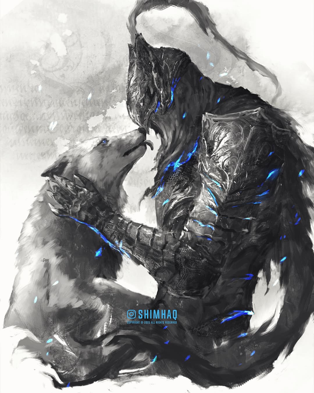 1boy armor artorias_the_abysswalker blue_eyes cape commentary covered_face dark_souls_(series) dark_souls_i english_commentary gauntlets great_grey_wolf_sif helmet highres pauldrons plume shimhaq shoulder_armor spot_color wolf