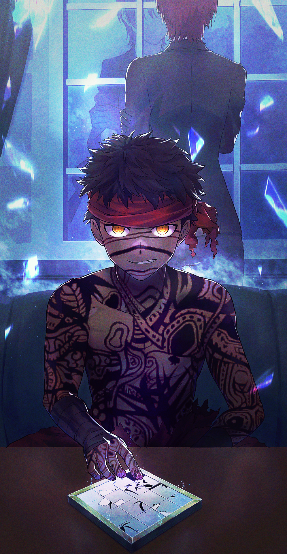 1boy 1girl angra_mainyu_(fate) bazett_fraga_mcremitz black_jacket dark-skinned_male dark_skin faceless faceless_female fate/hollow_ataraxia fate_(series) grin headband highres indoors jacket long_sleeves looking_at_viewer red_headband sitting smile tamayan_(tmyaaa_tk) tattoo yellow_eyes