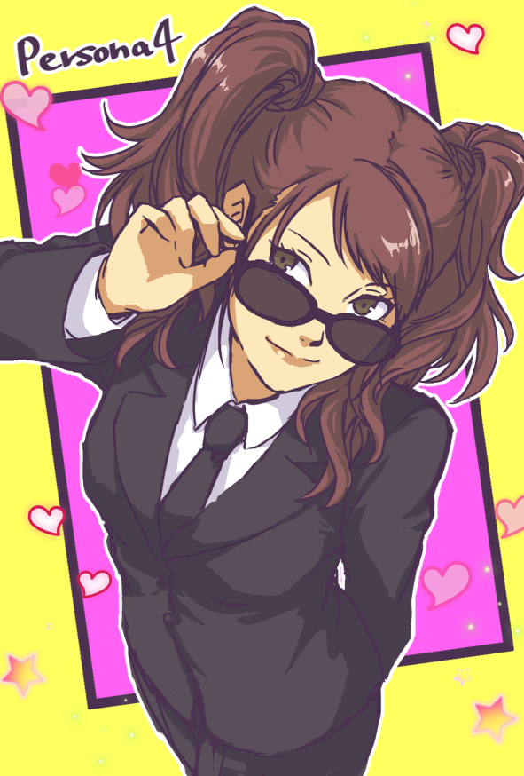 1girl arm_behind_back black-framed_eyewear black_jacket black_necktie black_pants brown_eyes brown_hair closed_mouth collared_shirt copyright_name formal heart jacket kujikawa_rise long_hair long_sleeves looking_over_eyewear necktie pant_suit pants persona persona_4 pink_background ryuka_123 shiny shiny_hair shirt smile solo standing suit sunglasses twintails two-tone_background white_shirt wing_collar yellow_background