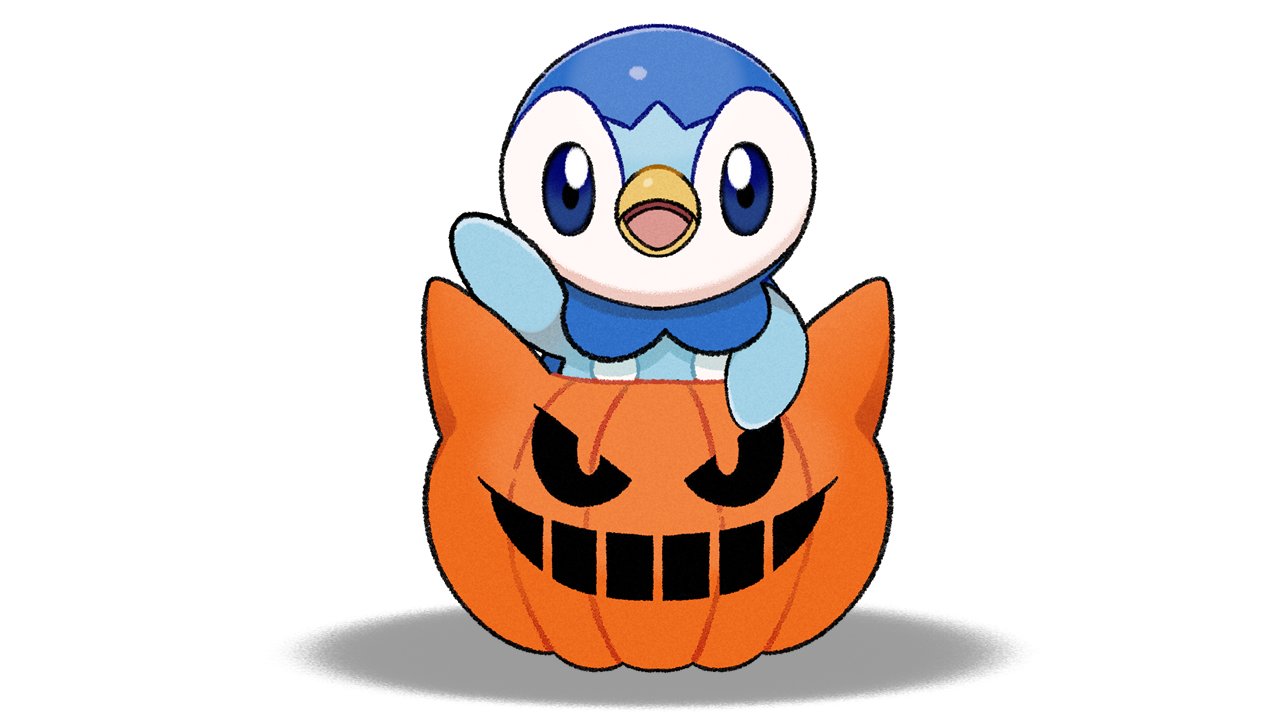 arm_up blue_eyes commentary_request looking_at_viewer no_humans official_art open_mouth piplup pokemon pokemon_(creature) project_pochama solo tongue waving white_background