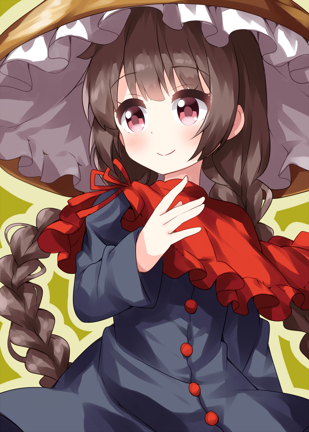 1girl ajirogasa bangs black_coat braid brown_hair buttons closed_mouth coat eyebrows_visible_through_hair frilled_hat frills green_background hat highres long_hair long_sleeves looking_to_the_side red_bandana red_eyes ruu_(tksymkw) simple_background smile touhou twin_braids upper_body yatadera_narumi