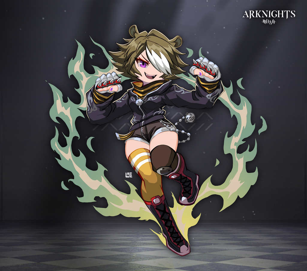 1girl :d animal_ears arknights asymmetrical_legwear bandages bangs bear_ears bear_girl beehunter_(arknights) black_footwear black_jacket black_shorts boots brass_knuckles brown_hair brown_legwear fangs full_body hair_over_one_eye jacket knee_boots lataedelan looking_at_viewer mismatched_legwear open_mouth purple_nails short_hair shorts smile solo v-shaped_eyebrows violet_eyes weapon yellow_legwear