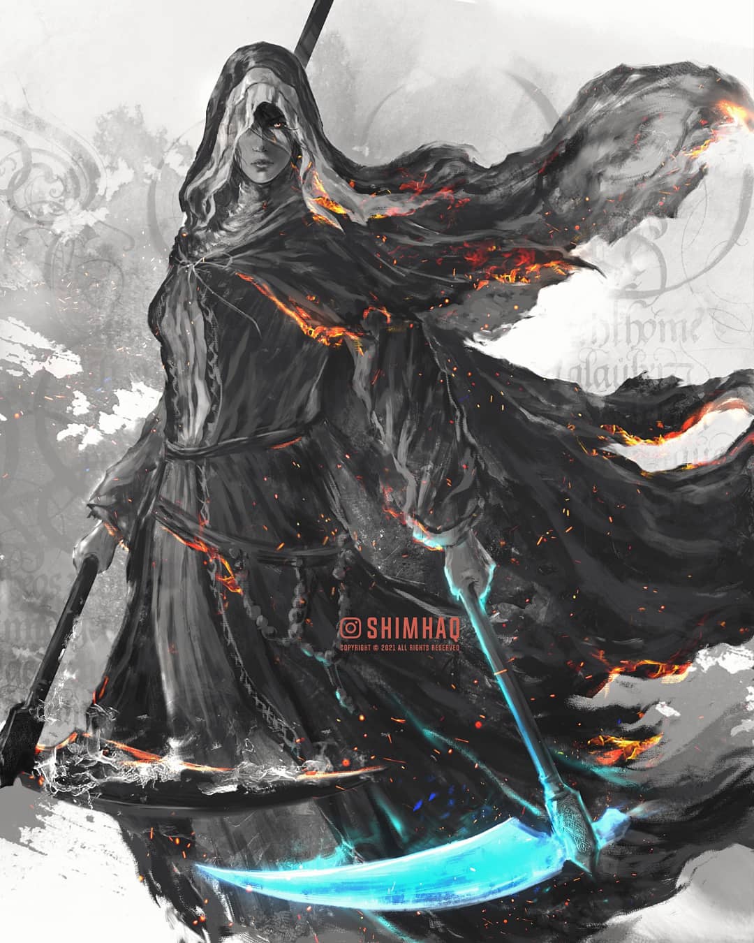 1girl ashes_of_ariandel closed_mouth commentary dark_souls_(series) dark_souls_iii english_commentary habit highres holding holding_scythe hood hood_up long_hair look looking_at_viewer nun one_eye_covered rosary scythe shimhaq sister_friede solo veil