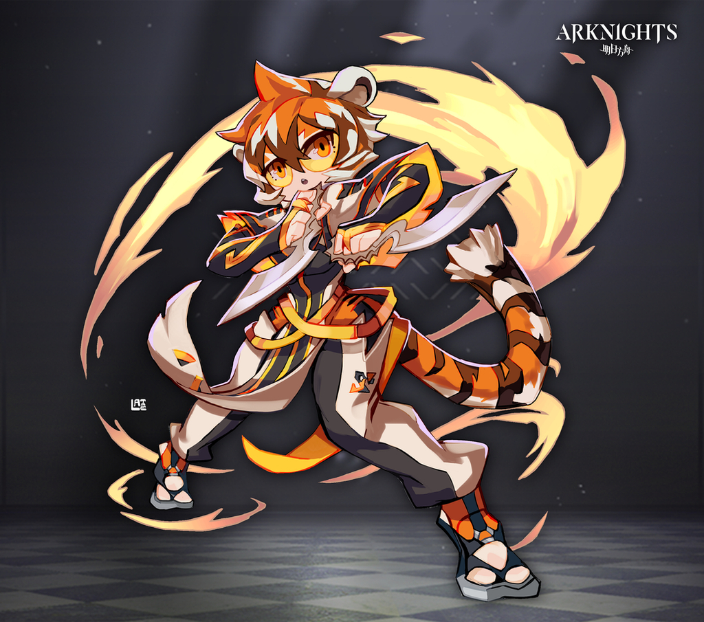 1girl :o animal_ears arknights bangs black_gloves elbow_gloves fingerless_gloves full_body furry furry_female glasses gloves hair_between_eyes holding holding_knife knife lataedelan looking_at_viewer open_mouth pants sandals short_hair solo tail tiger_ears tiger_girl tiger_tail waai_fu_(arknights)