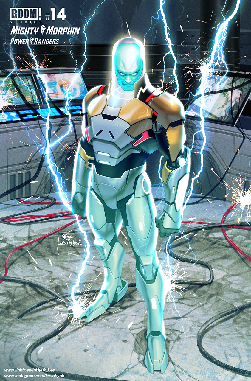1boy alien android armor blue_eyes bodysuit boots electricity full_body gloves glowing helmet highres in-hyuk_lee jaw joints lightning mechanical_arms mechanical_legs mechanical_parts mighty_morphin_power_rangers no_humans official_art power_rangers robot_joints spoilers zordon