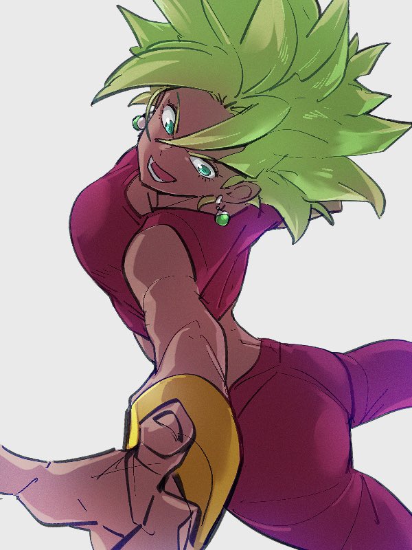 1girl aqua_eyes arm_at_side ass back bangs bare_arms blue_eyes bracelet breasts crop_top cropped_legs dragon_ball dragon_ball_super dynamic_pose earrings eyelashes fingernails floating foreshortening from_above from_side fusion green_hair grey_background imminent_punch jewelry kefla_(dragon_ball) kemachiku leggings legs_apart looking_to_the_side medium_hair messy_hair open_hand open_mouth pants pink_crop_top pink_pants potara_earrings simple_background solo spiky_hair sportswear super_saiyan teeth