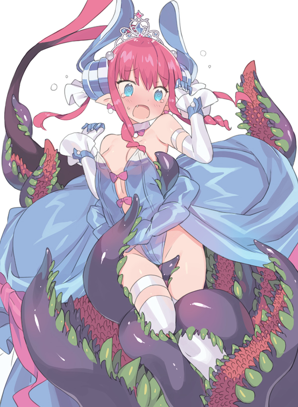 1girl @_@ blade_(galaxist) blue_dress blue_eyes blue_leotard blush breasts crown dress elbow_gloves elizabeth_bathory_(cinderella_rider)_(fate) elizabeth_bathory_(fate) fang fate/grand_order fate_(series) gloves hands_up horns imminent_rape leotard open_mouth pink_hair pointy_ears simple_background small_breasts solo strapless strapless_leotard tail tears tentacle_pit tentacles thigh-highs white_background white_gloves white_legwear