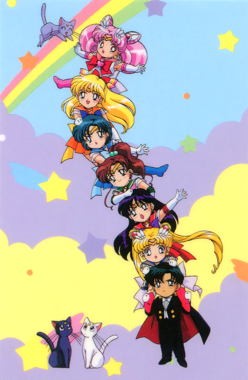 1990s_(style) 1boy 6+girls aino_minako artemis_(sailor_moon) bishoujo_senshi_sailor_moon black_cat black_hair blonde_hair blue_hair boots brown_hair cape cat chiba_mamoru chibi_usa diana_(sailor_moon) double_bun elbow_gloves gloves hair_bobbles hair_ornament hand_on_another's_head high_ponytail hino_rei human_tower inner_senshi kino_makoto leotard long_hair luna_(sailor_moon) magical_girl mizuno_ami multiple_girls non-web_source official_art open_mouth outstretched_arm outstretched_arms pink_hair rainbow retro_artstyle sailor_chibi_moon sailor_jupiter sailor_mars sailor_mercury sailor_moon sailor_senshi sailor_venus short_hair spread_arms stacking starry_background tiara tsukino_usagi tuxedo tuxedo_kamen twintails very_long_hair white_cat