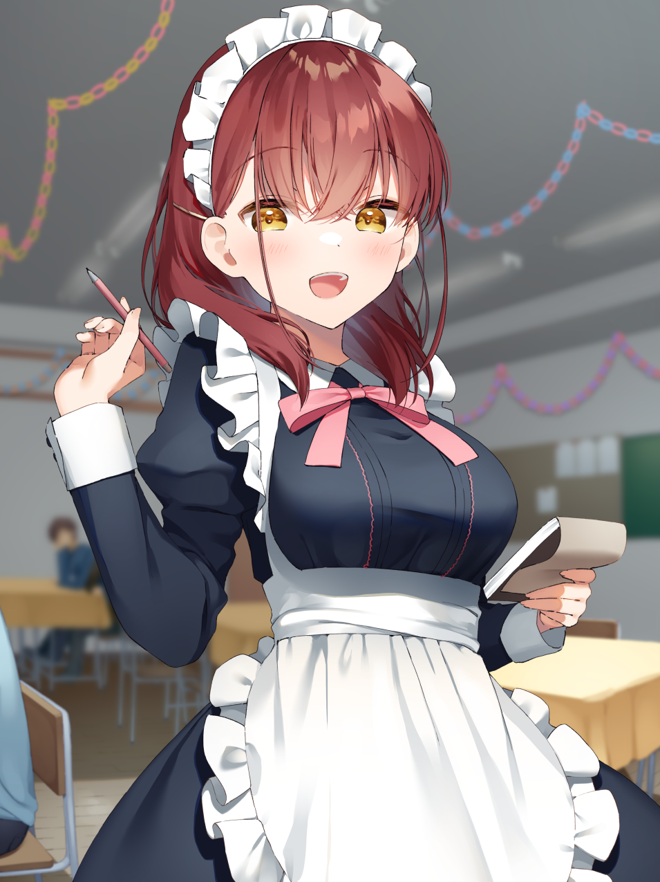 1girl :d apron bangs black_dress blurry blurry_background blush bow breasts ceiling classroom clipboard commentary dress eyebrows_visible_through_hair frilled_apron frills hair_between_eyes hair_over_shoulder highres holding holding_clipboard holding_pen indoors juliet_sleeves large_breasts long_hair long_sleeves looking_at_viewer maid maid_headdress muninshiki open_mouth original pen pink_bow puffy_sleeves redhead smile solo_focus white_apron yellow_eyes