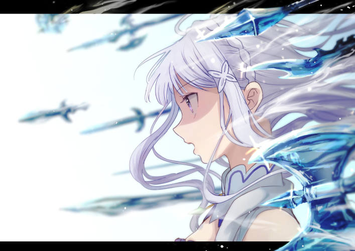 1girl bangs blunt_bangs crystal emilia_(re:zero) floating floating_object floating_weapon from_side hair_ornament long_hair open_mouth re:zero_kara_hajimeru_isekai_seikatsu shading shake_sawa silver_hair solo violet_eyes x_hair_ornament