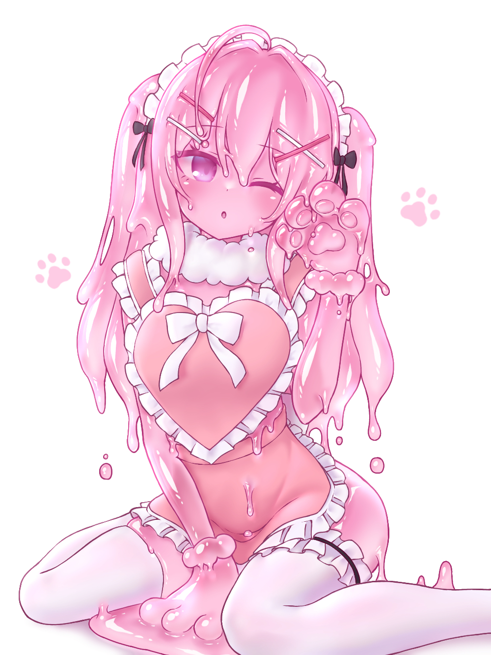 1girl :o animal_hands apron between_legs black_bow bow colored_skin curss fewer_digits gloves hair_bow hair_ornament hairclip hand_between_legs hand_up heart_apron highres looking_at_viewer maid_headdress monster_girl naked_apron one_eye_closed original parted_lips paw_gloves pink_apron pink_eyes pink_hair pink_skin sitting slime_(substance) slime_girl solo thigh-highs twintails violet_eyes wariza white_legwear x_hair_ornament