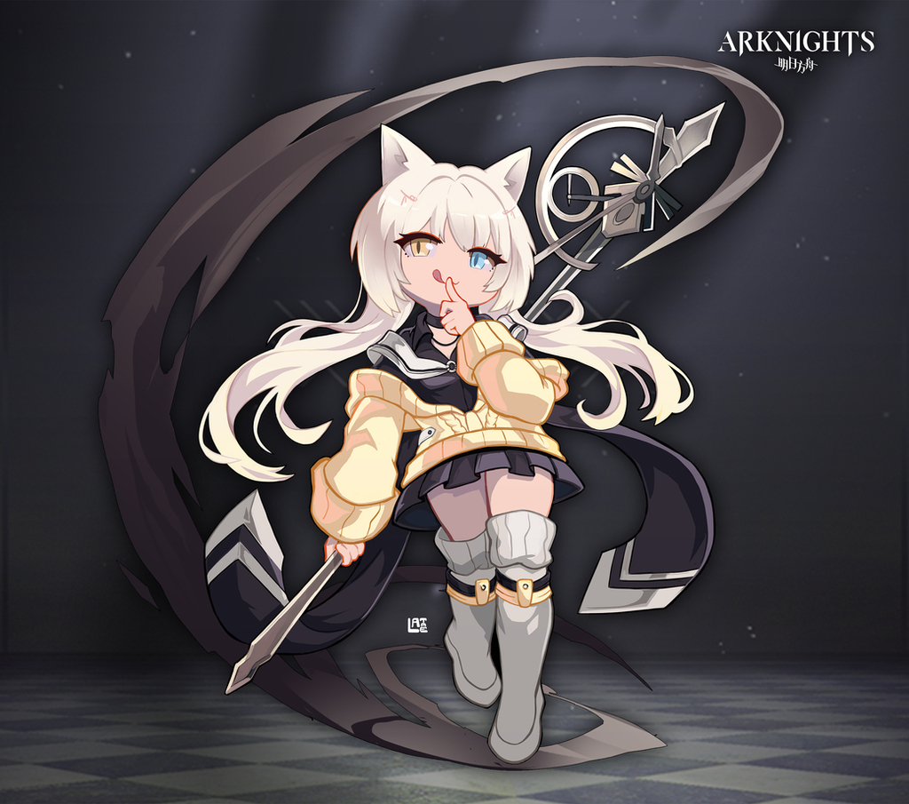 1girl animal_ears arknights bangs black_skirt blonde_hair blue_eyes boots closed_mouth heterochromia holding holding_wand index_finger_raised jacket lataedelan long_hair looking_at_viewer nightmare_(arknights) skirt smile solo thigh-highs thigh_boots tongue tongue_out wand white_footwear yellow_eyes yellow_jacket