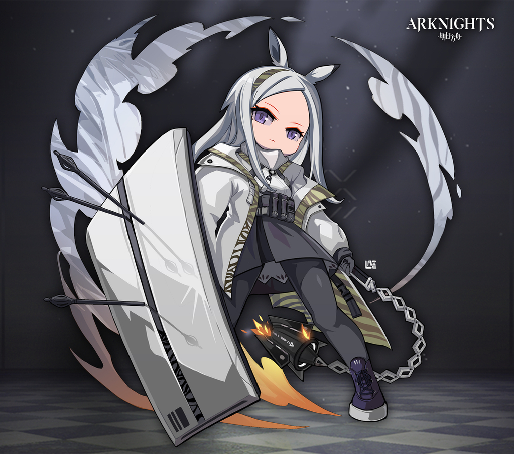 1girl animal_ears arknights arrow_(projectile) closed_mouth dress flail forehead full_body heavyrain_(arknights) holding holding_flail holding_shield holding_weapon jacket lataedelan leggings long_hair long_sleeves looking_at_viewer purple_footwear shield shoes sneakers solo violet_eyes weapon white_hair white_jacket zebra_ears