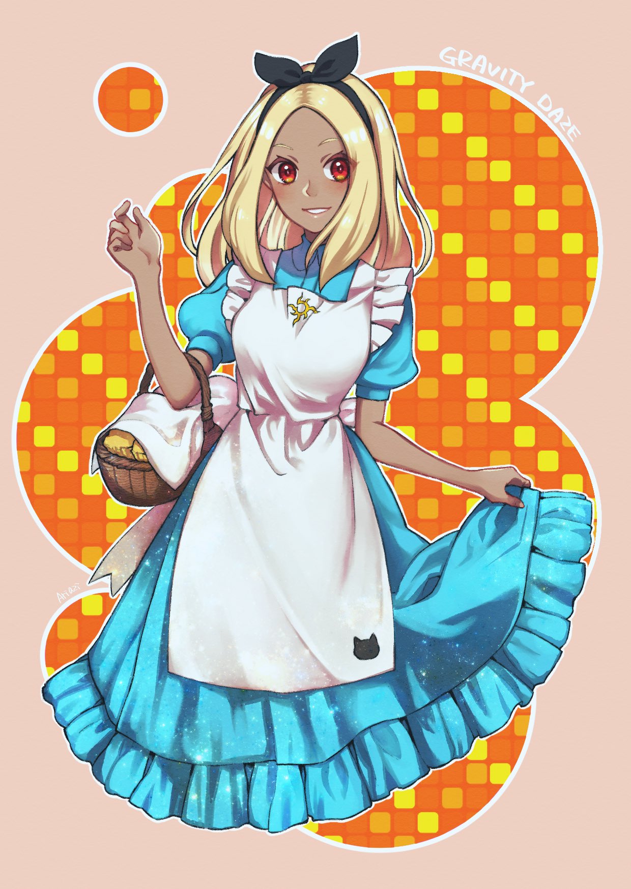 1girl alice_(alice_in_wonderland) alice_(alice_in_wonderland)_(cosplay) alice_in_wonderland apron ariazi blonde_hair blue_dress blush bow cosplay dark-skinned_female dark_skin dress gravity_daze hairband highres kitten_(gravity_daze) long_hair looking_at_viewer red_eyes simple_background smile solo