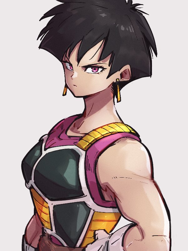 1girl arm_at_side armor bare_arms black_hair breasts clenched_hand closed_mouth collarbone dragon_ball dragon_ball_super dragon_ball_super_broly dragon_ball_z earrings eyelashes from_side frown gloves grey_background hand_on_hip jewelry kemachiku looking_at_viewer monkey_tail muscular muscular_female pink_eyes pink_shirt saiyan saiyan_armor serious seripa shirt short_hair solo spiky_hair standing tail white_gloves