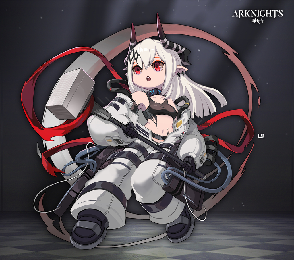 1girl :o arknights bare_shoulders black_footwear black_gloves black_shirt earrings full_body gloves hammer holding holding_hammer horns jacket jewelry lataedelan long_hair mudrock_(arknights) navel open_mouth pants pointy_ears red_eyes shirt shoes sleeveless sleeveless_shirt solo teeth white_hair white_jacket white_pants