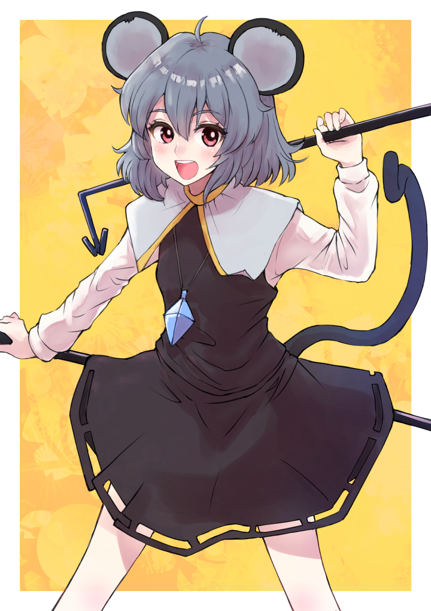 1girl :d animal_ears bangs black_dress commentary_request crystal dowsing_rod dress eyebrows_visible_through_hair feet_out_of_frame grey_hair hair_between_eyes highres holding long_sleeves looking_at_viewer mouse_ears mouse_girl mouse_tail nayuhi_(yukimuu14) nazrin red_eyes shirt sleeveless sleeveless_dress smile solo standing tail teeth touhou upper_teeth white_shirt