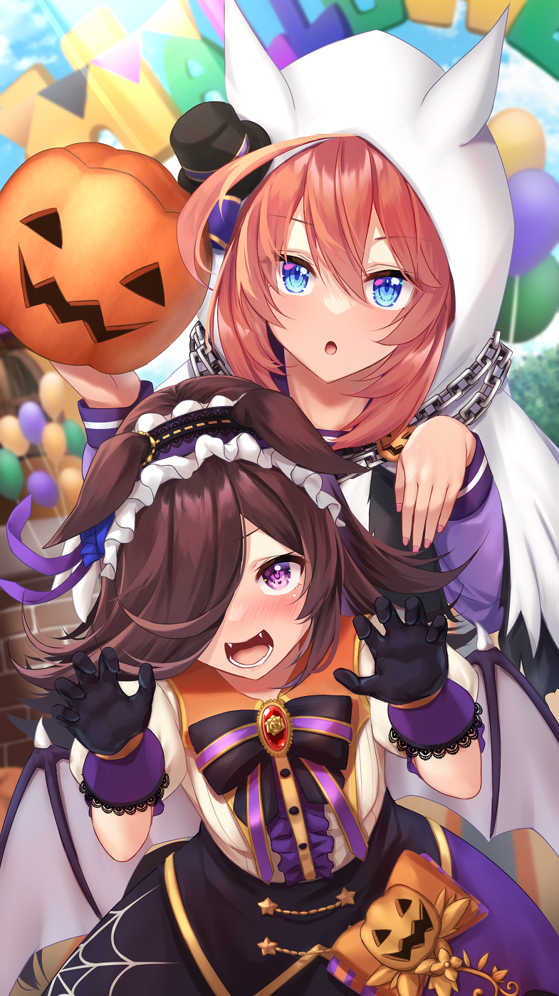 2girls :o ahoge animal_ears balloon bangs black_bow black_gloves black_skirt blue_eyes blue_sky blush bow bowtie brown_hair buttons claw_pose clouds cloudy_sky commentary_request cowboy_shot eyebrows_visible_through_hair fangs food gloves hair_between_eyes hair_over_one_eye halloween halloween_costume hands_up hat highres holding holding_food holding_pumpkin holding_vegetable hood hood_up horse_ears horse_girl huge_ahoge lace-trimmed_gloves lace_trim long_hair long_sleeves looking_at_viewer lower_teeth maid_headdress make_up_in_halloween!_(umamusume) merxkialis mihono_bourbon_(umamusume) mini_hat mini_top_hat multicolored_bow multicolored_clothes multicolored_skirt multiple_girls nose_blush open_mouth orange_sailor_collar outdoors pink_eyes pink_nails puffy_sleeves pumpkin purple_skirt purple_wings red_brooch redhead rice_shower_(umamusume) sailor_collar short_sleeves sidelocks skirt sky sleeve_cuffs sunlight sweater teeth top_hat umamusume vegetable white_sweater wings