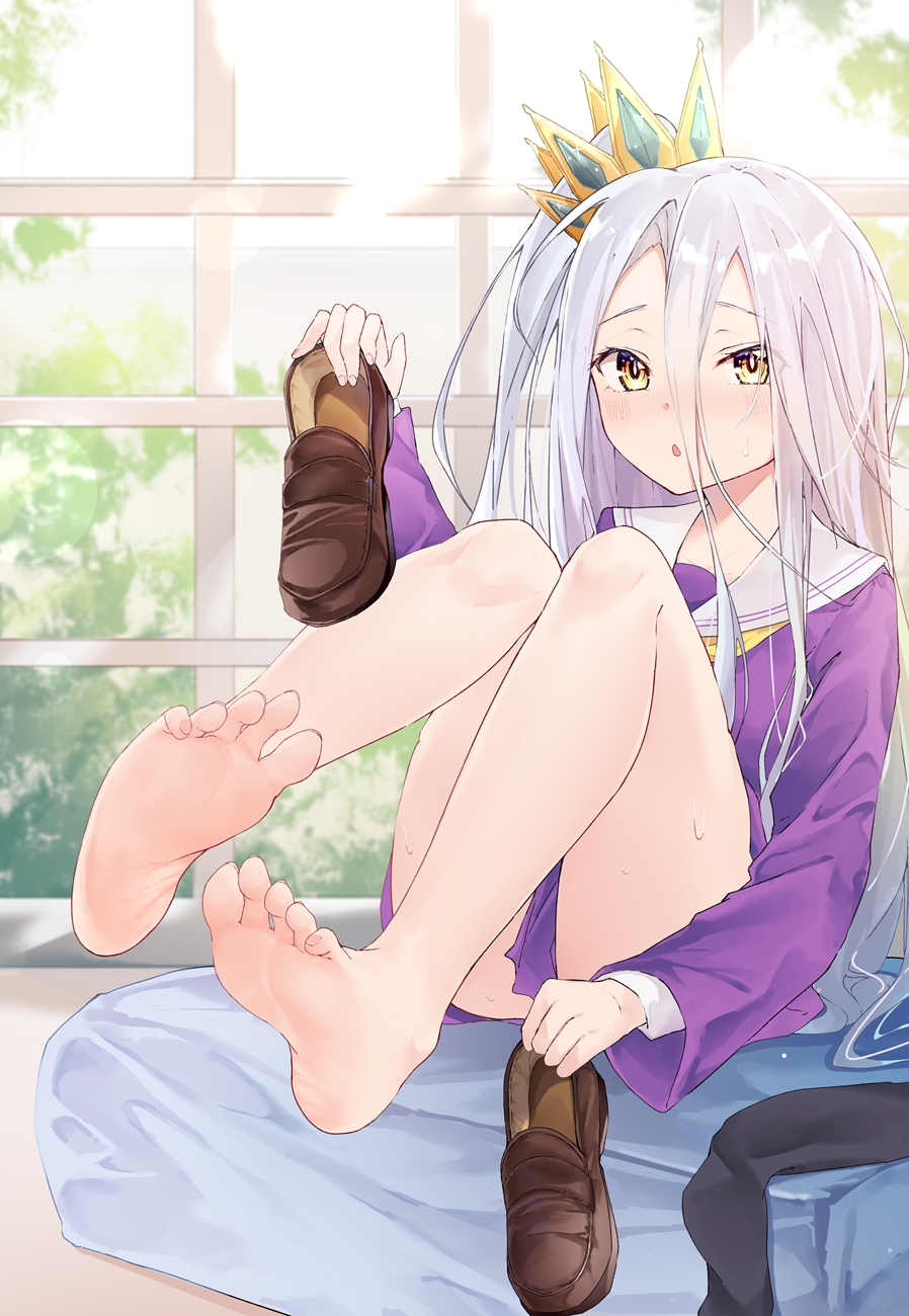 1girl bangs bare_legs barefoot blush brown_footwear crown eyebrows_visible_through_hair feet feet_up full_body hair_between_eyes highres indoors kou_futoshi legs legs_up loafers long_hair long_sleeves looking_at_viewer no_game_no_life one_side_up purple_serafuku purple_shirt sailor_collar sailor_shirt school_uniform shiny shiny_hair shiro_(no_game_no_life) shirt shoes side_ponytail silver_hair sitting skirt solo sweatdrop thighs window yellow_eyes yellow_neckwear