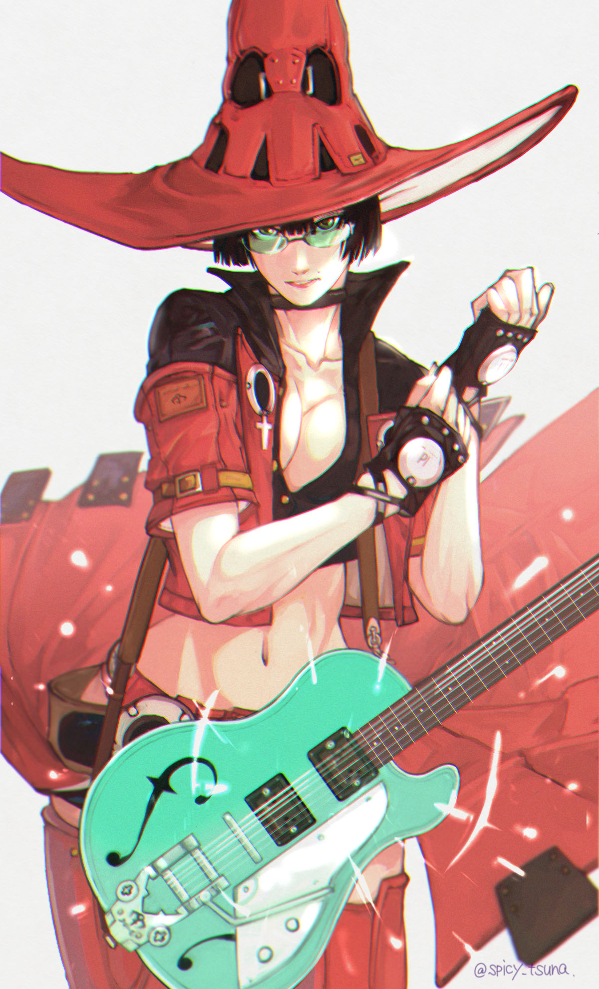 1girl black_gloves black_hair black_shorts breasts electric_guitar fingerless_gloves gloves green-tinted_eyewear guilty_gear guilty_gear_strive guitar hat highres i-no instrument looking_at_viewer medium_breasts mole mole_above_mouth partially_unbuttoned red_headwear red_skirt rimless_eyewear short_hair shorts shorts_under_skirt signature skirt solo sunglasses thigh-highs thigh_gap tinted_eyewear tsuna_(akmu8832) twitter_username witch_hat