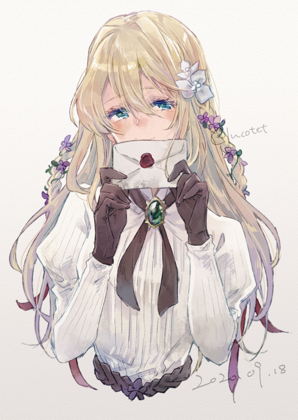1girl artist_name bangs blonde_hair blue_eyes blush brooch brown_gloves closed_mouth commentary_request dated dress envelope flower gloves hair_between_eyes hair_flower hair_intakes hair_ornament hair_ribbon highres holding holding_envelope holding_letter jewelry leather leather_gloves letter long_sleeves looking_at_viewer miharuko_(kopera) no_jacket puffy_long_sleeves puffy_sleeves purple_flower red_ribbon ribbon simple_background smile solo upper_body violet_evergarden violet_evergarden_(series) white_background white_dress white_flower