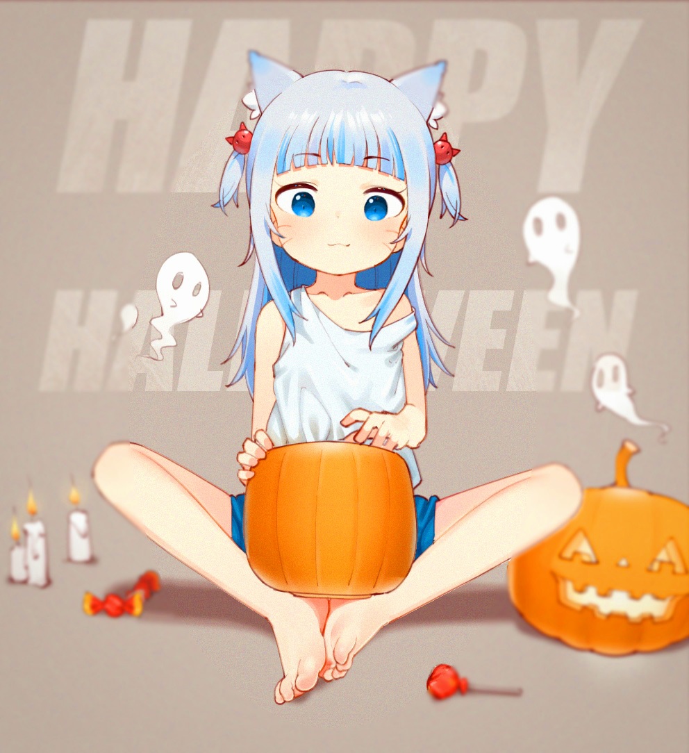 1girl animal_ear_fluff animal_ears aqua_hair bangs bare_legs barefoot blue_eyes blue_hair blue_shorts blunt_bangs blurry blurry_background brown_background butterfly_sitting candle candy cat_ears child chinese_commentary collarbone commentary_request eyebrows_visible_through_hair feet food gawr_gura ghost halloween happy_halloween holding holding_food holding_pumpkin holding_vegetable hololive light_blue_hair lit_candle long_hair looking_down mrw multicolored_hair pumpkin sanpaku shorts sidelocks smile solo strap_slip streaked_hair tank_top toes vegetable virtual_youtuber white_tank_top younger