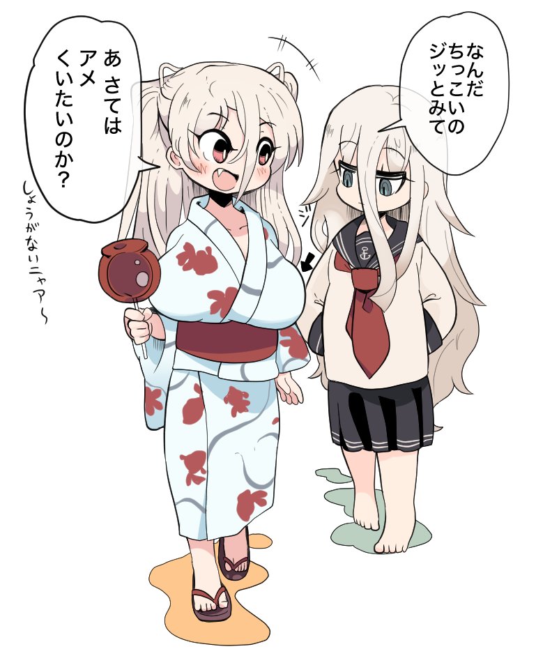 2girls anchor_symbol animal_print barefoot black_sailor_collar black_skirt blue_eyes breasts brown_eyes candy_apple commentary_request conte_di_cavour_(kancolle) fang fish_print food hibiki_(kancolle) japanese_clothes kantai_collection kimono kokoyashi large_breasts long_hair multiple_girls neckerchief official_alternate_costume open_mouth pleated_skirt red_neckerchief sailor_collar sandals school_uniform serafuku silver_hair skirt translation_request two_side_up white_kimono yukata