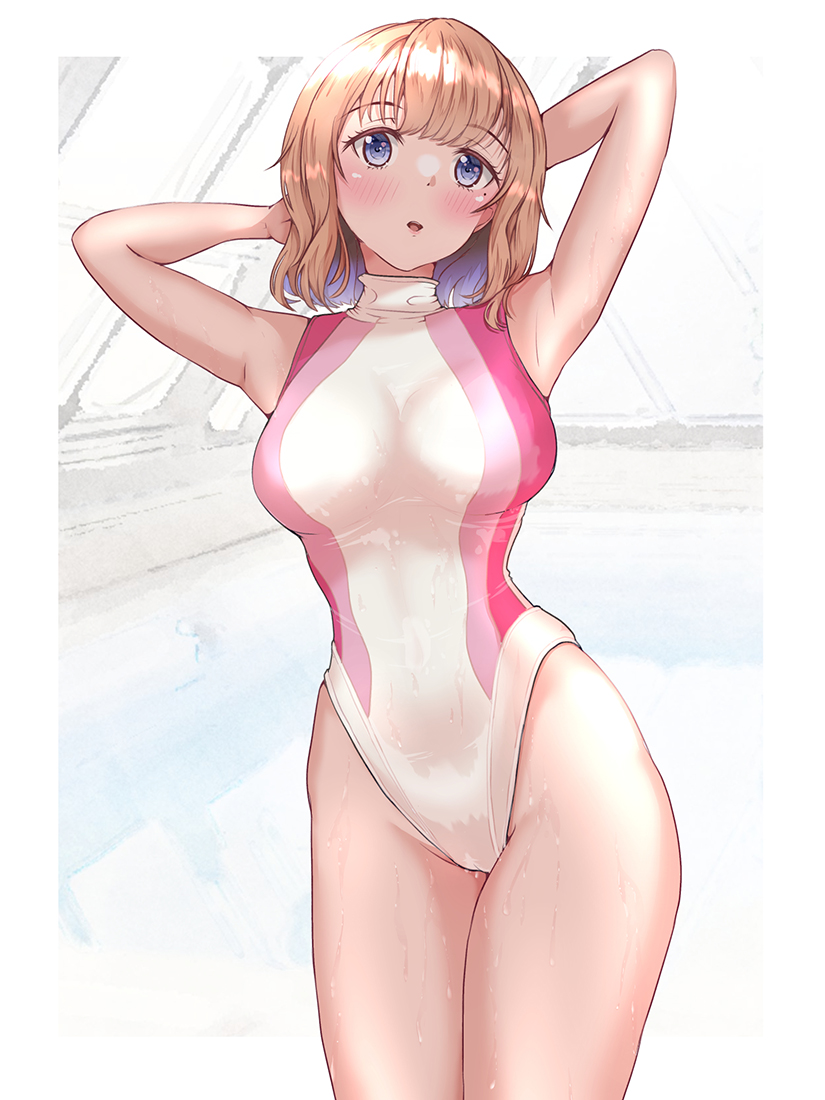 1girl arms_behind_head breasts brown_eyes commentary_request competition_swimsuit cowboy_shot indoors large_breasts light_brown_hair looking_at_viewer mashinatsu multicolored_clothes multicolored_swimsuit one-piece_swimsuit original pool rei_no_pool short_hair solo swimsuit turtleneck white_swimsuit