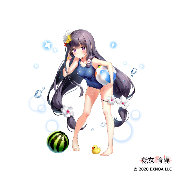 1girl ball bangs bare_arms bare_legs bare_shoulders barefoot beachball black_hair blue_swimsuit breasts carrying carrying_under_arm closed_mouth commentary_request copyright_request covered_navel eyebrows_visible_through_hair flower food fruit full_body hair_flower hair_ornament leaning_forward long_hair looking_at_viewer marmoset_(marmoset0) medium_breasts official_art one-piece_swimsuit red_flower rubber_duck smile solo standing swimsuit very_long_hair violet_eyes watermark watermelon white_background white_flower yellow_flower