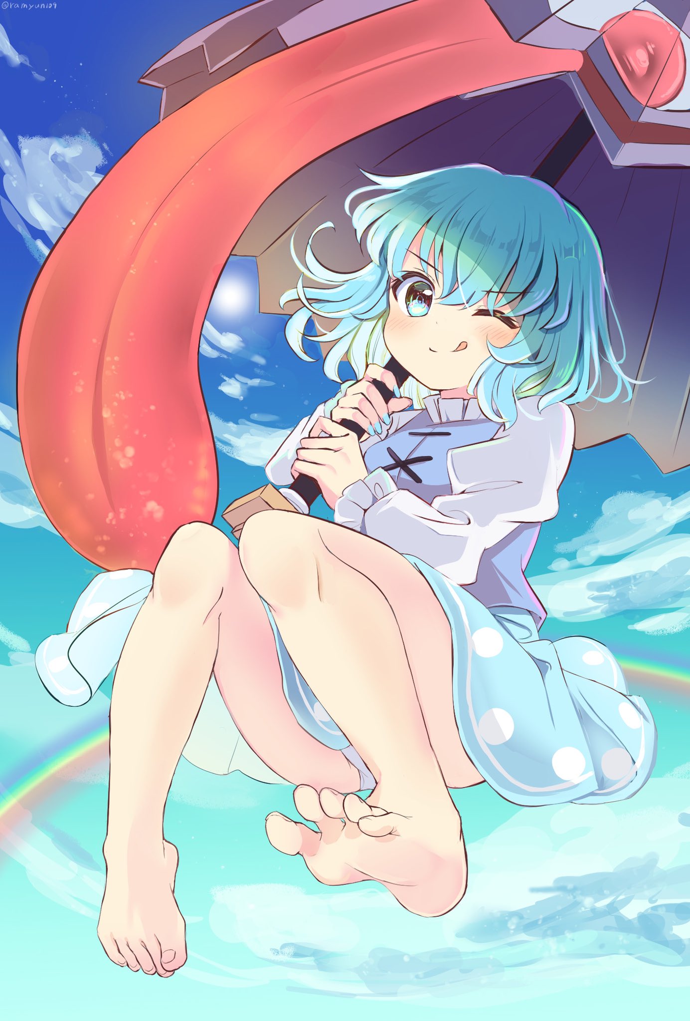 1girl ;q bangs barefoot blue_eyes blue_hair blue_skirt blue_sky blue_vest closed_mouth clouds cross-laced_clothes eyebrows_visible_through_hair full_body gradient_sky highres holding holding_umbrella juliet_sleeves karakasa_obake long_sleeves looking_at_viewer one_eye_closed outdoors puffy_sleeves purple_umbrella rainbow ramudia_(lamyun) short_hair skirt sky smile solo tatara_kogasa tongue tongue_out touhou umbrella vest