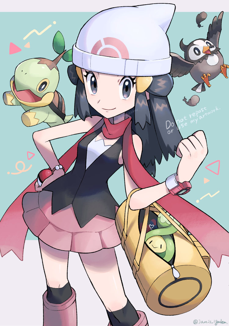 1girl beanie black_legwear black_shirt boots bracelet budew clenched_hand closed_mouth commentary_request hikari_(pokemon) eyelashes grey_eyes hand_up hat heart holding holding_poke_ball janis_(hainegom) jewelry knees long_hair looking_at_viewer over-kneehighs poke_ball poke_ball_(basic) pokemon pokemon_(creature) pokemon_(game) pokemon_dppt red_scarf scarf shirt skirt sleeveless sleeveless_shirt smile starly thigh-highs turtwig white_headwear