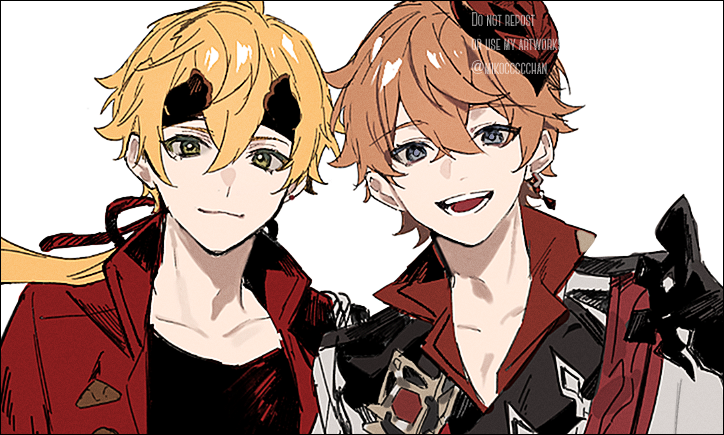 2boys bangs blonde_hair blue_eyes closed_mouth ear_piercing earrings eyebrows_visible_through_hair fake_horns genshin_impact green_eyes hair_between_eyes headband horned_headwear horns jacket jewelry long_hair looking_at_viewer male_focus mask mask_on_head mikoccccchan multiple_boys open_mouth orange_hair piercing ponytail red_mask red_scarf scarf simple_background single_earring tartaglia_(genshin_impact) thoma_(genshin_impact) watermark white_background