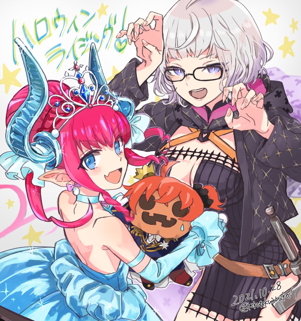 3girls ahoge claw_pose dated detached_sleeves elizabeth_bathory_(cinderella_rider)_(fate) elizabeth_bathory_(fate) fang fate/grand_order fate_(series) fingernails fujimaru_ritsuka_(female) glasses grey_hair hair_bun horns jack-o'-lantern jacques_de_molay_(foreigner)_(fate) multiple_girls orange_hair pink_hair pointy_ears sword tekuteku_aruko tiara twitter_username weapon