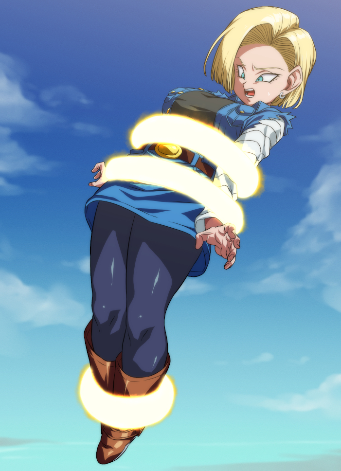 1girl android_18 belt black_shirt blonde_hair blue_eyes blue_jacket blue_skirt blue_sky boots breasts brown_belt brown_footwear clouds commentary_request day denim denim_jacket denim_skirt dragon_ball dragon_ball_z earrings flying full_body jacket jewelry long_sleeves medium_breasts open_mouth restrained rom_(20) shirt short_hair skirt sky solo striped_sleeves teeth
